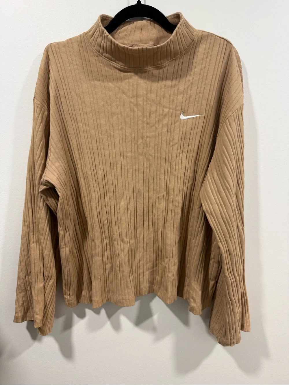 Nike Women's Tan Ribbed Mock-Neck Sweatshirt with White Swoosh